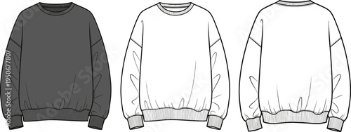 Oversized Crewneck Sweatshirt Technical Fashion Illustration, Flat Vector Sketch, Front and Back View