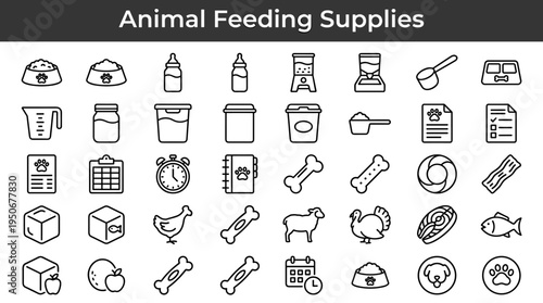 Animal feeding supplies and nutritional products illustrated as minimal outline icons representing dietary care and meal