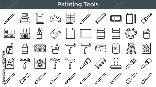 Artist painting tools and studio supplies illustrated as minimal outline icons representing materials used for traditional art and