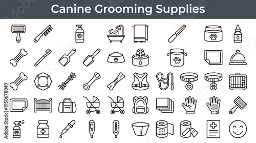 Canine grooming supplies and pet maintenance accessories illustrated as minimal outline icons representing everyday hygiene and