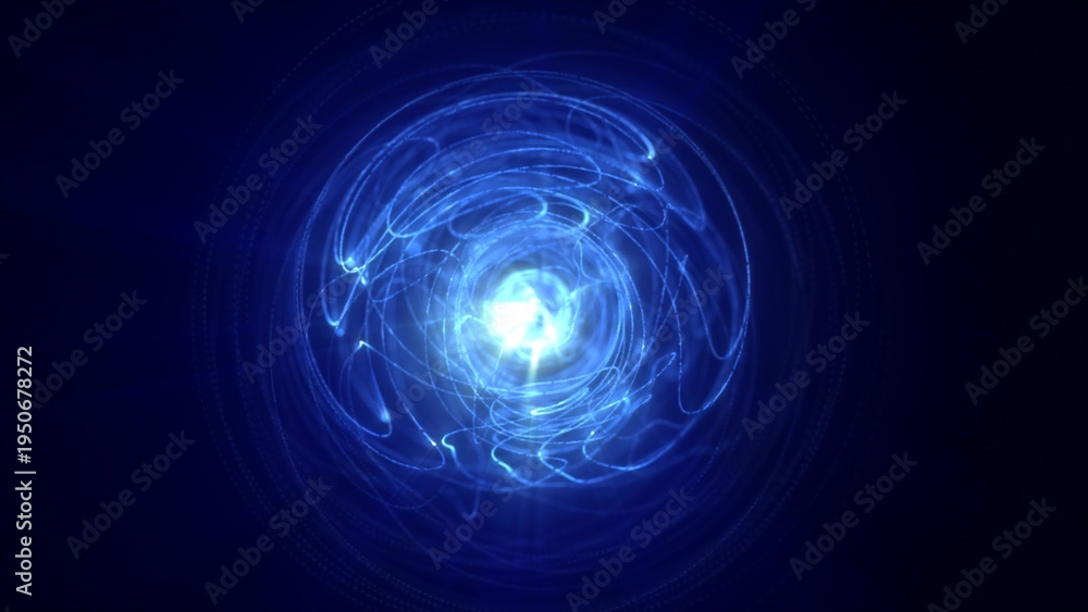 Obraz premium Abstract glowing blue energy vortex with swirling light trails and bright radiant center, symbolizing technology, motion, and cosmic forces
