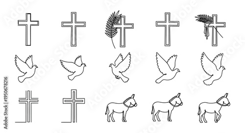 Palm Sunday religious vector icon sheet crosses doves of peace donkey illustrations line art symbols christian easter spiritual graphics holy week lent church printable 