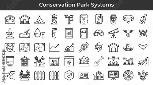 Conservation park infrastructure and biodiversity protection elements illustrated as minimal outline icons representing management