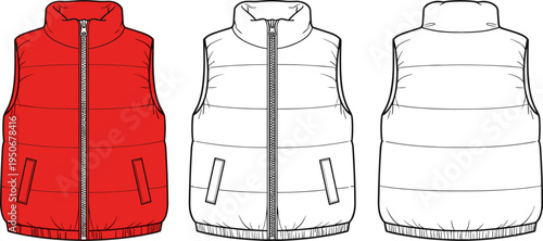 Red and White Puffer Vest Jacket Flat Technical Sketch, Winter Sportswear Fashion Design Illustration