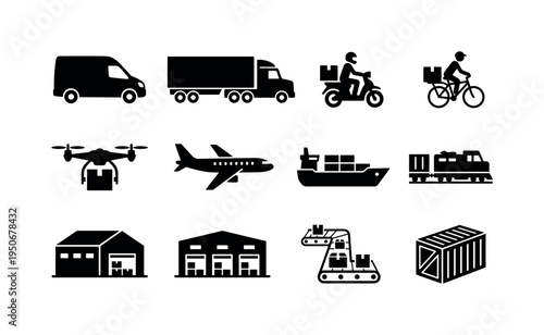 Collection of black icons representing various modes of transportation and logistics services