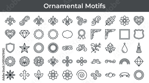 Design embellishment motifs and ornamental shapes illustrated as minimal outline icons representing visual accents for creative
