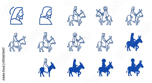 Palm Sunday icon set Jesus entry into Jerusalem silhouettes donkey rider crowd palm branches biblical scene Christian Holy Week vector illustration isolated white background