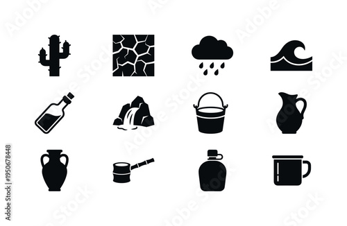 Desert cactus, cracked dry earth, rain cloud, water wave, ocean bottle, mountain spring, water well bucket, ceramic jug, clay