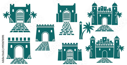 Ancient fortified Jerusalem city structures gates palm trees vector icon illustration Palm Sunday holy week easter historical biblical christian religious design editable commercial