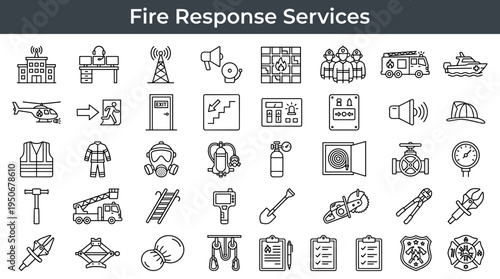 Emergency firefighting operations equipment and rescue infrastructure illustrated as minimal outline icons representing