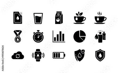 Electrolyte powder sachet, mineral water bottle glass, coconut water carton, herbal infusion cup, sports medal with droplet,