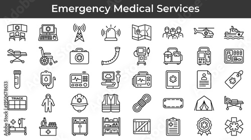 Emergency medical response equipment and paramedic rescue infrastructure illustrated as minimal outline icons representing urgent