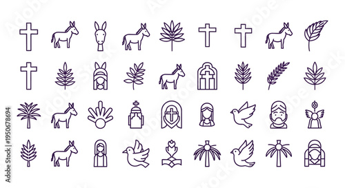 Palm Sunday vector icon sheet religious symbols donkey palm branches christian cross dove of peace line art easter holy week lent church graphic design clipart commercial 