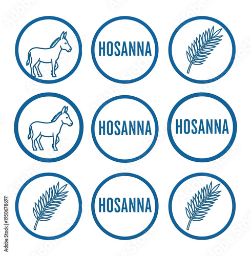 Palm Sunday vector icon sheet set featuring donkey palm leaves hosanna banners typography religious holiday illustration easter lent holy week christian church graphic design layout