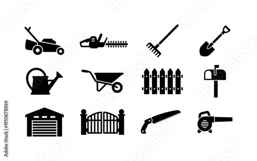 Lawn mower machine, hedge trimmer tool, rake tool, garden shovel, watering can, wheelbarrow cart, fence panel, mailbox post,