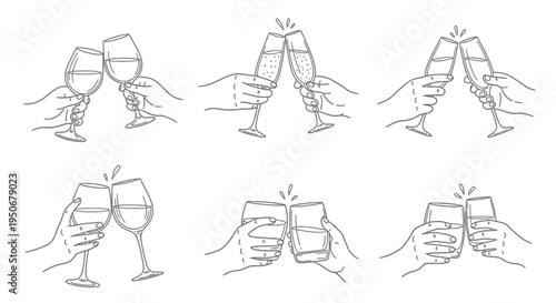 line art illustrations of hands toasting with wine champagne and water in various glasses perfect for celebration and social events.