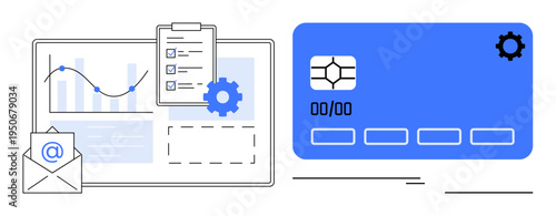 Graphs, checklist, email, and settings cog represent data management, while credit card and gear icon highlight secure payment processing. Ideal for finance, technology, online security