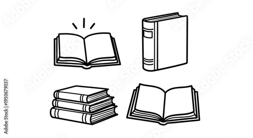 line art illustrations of books showing open closed and stacked designs conceptualizing reading education and knowledge.