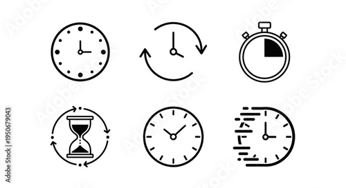 linear time management icon set featuring clocks stopwatch and hourglass depicting concepts of duration speed and scheduling.
