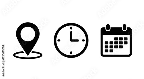 location time and date icons representing business planning event scheduling and appointment organization for app and web design visuals