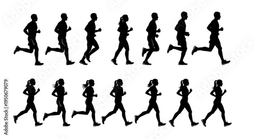 male and female running silhouettes demonstrating various jogging phases on a white background ideal for fitness and animation
