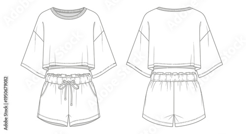 loungewear set technical fashion flat drawing featuring a cropped t-shirt and paper bag shorts ideal for design and production.