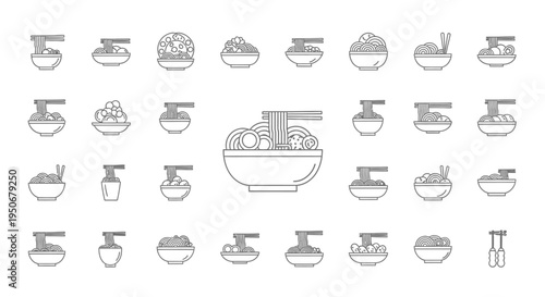 minimalist line art icons featuring diverse asian noodle dishes like ramen and pho in bowls perfect for food apps and restaurant menus.