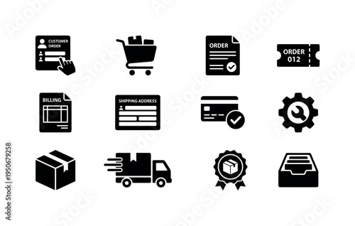 Customer placing order form, shopping cart with products, order confirmation document, order number ticket, billing invoice sheet,