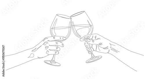 minimalist line art illustration of two hands clinking wine glasses for a toast representing celebration and happiness.