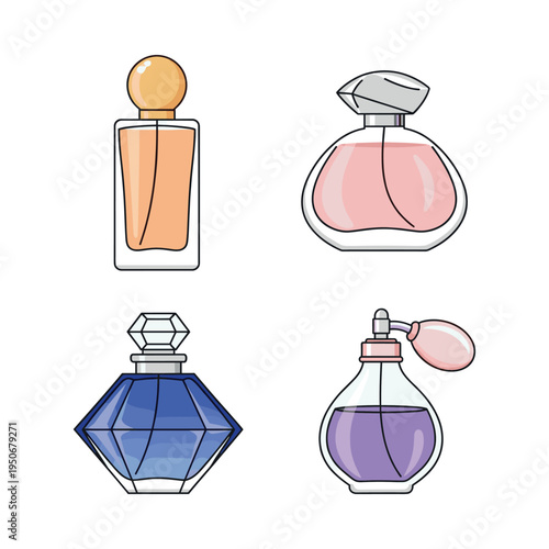 Different perfume bottles representing luxury, cosmetics, and personal care. Vector illustration of women's fragrances