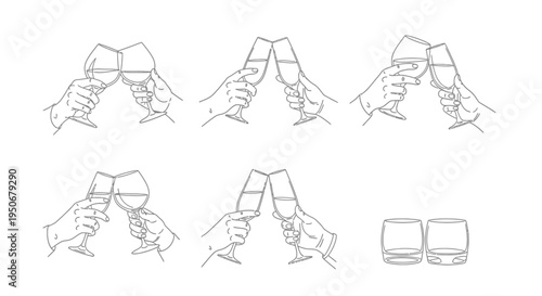 minimalist line art of hands clinking wine and champagne glasses with tumblers symbolizing celebration and toasts for drinks.