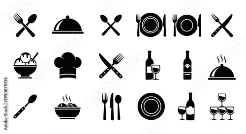 modern restaurant and food icons set featuring essential dining elements like cutlery plates and wine for culinary branding