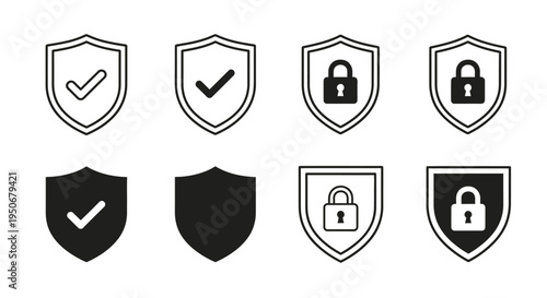 modern security icons set with outline and filled shields padlocks and checkmarks for digital protection and safety.