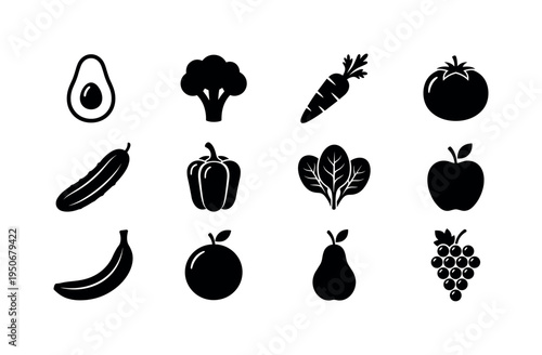 Avocado half, broccoli floret, carrot, tomato, cucumber, bell pepper, spinach leaves, apple, banana, orange, pear, bunch of grapes