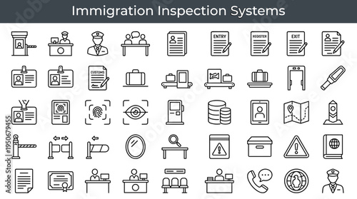 Immigration inspection systems and travel document verification equipment illustrated as minimal outline icons representing border