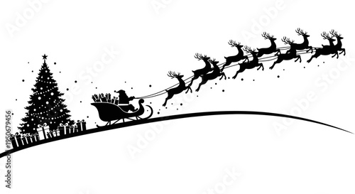 santa claus and his reindeer flying over a snowy hill past a christmas tree with presents evoking holiday spirit and winter magic.
