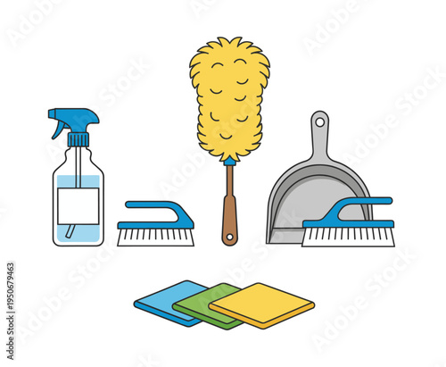 Household cleaning tools including spray bottle, duster, dustpan, brushes, and sponges for sanitation and tidiness
