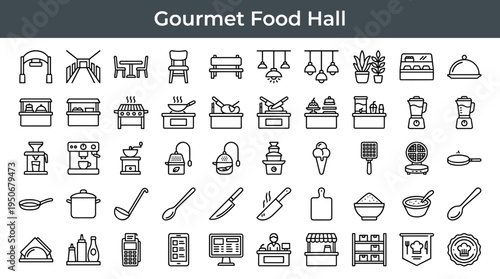 Indoor culinary marketplace infrastructure and gourmet vendor counters illustrated as minimal outline icons representing a diverse