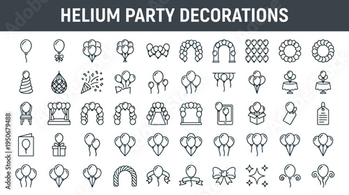 Inflated celebration decorations and helium filled party ornaments illustrated as minimal outline icons representing festive air