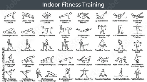 Indoor fitness routine movements and bodyweight training activities designed for exercising in personal living spaces illustrated