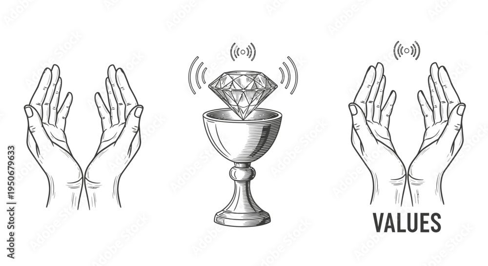 Fototapeta premium symbolic illustration of cupped hands embracing core values a radiating diamond in a chalice signifying precious inner worth