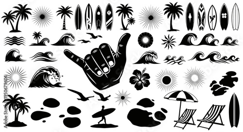 surfing beach summer vacation vector icons illustrating tropical paradise and water sports leisure activities perfect for graphic design.