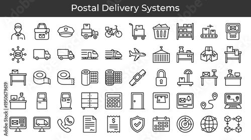 Letter delivery infrastructure and postal service handling equipment illustrated as minimal outline icons representing movement of