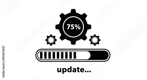 system update process with gears and a 75 progress bar illustrating software installation or system maintenance.