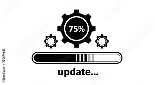 system update with a 75 percent progress bar and spinning gears illustrating technology development and loading status