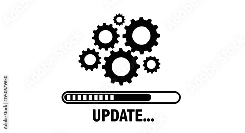 system update progress with spinning gears and a loading bar illustrating maintenance and development processes for technology.