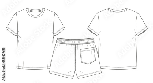 technical flat drawing of a blank basic t-shirt and elastic waist shorts ideal for garment design and production.