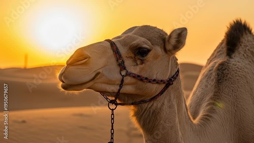 Close-up of a camel chewing in the desert with a golden sunset in the background