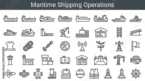 Ocean cargo transportation equipment and harbor logistics infrastructure illustrated as minimal outline icons representing