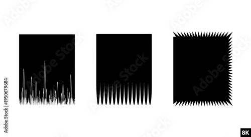 three abstract black square shapes showcasing varied edge patterns from waveforms to sharp spikes ideal for graphic design.